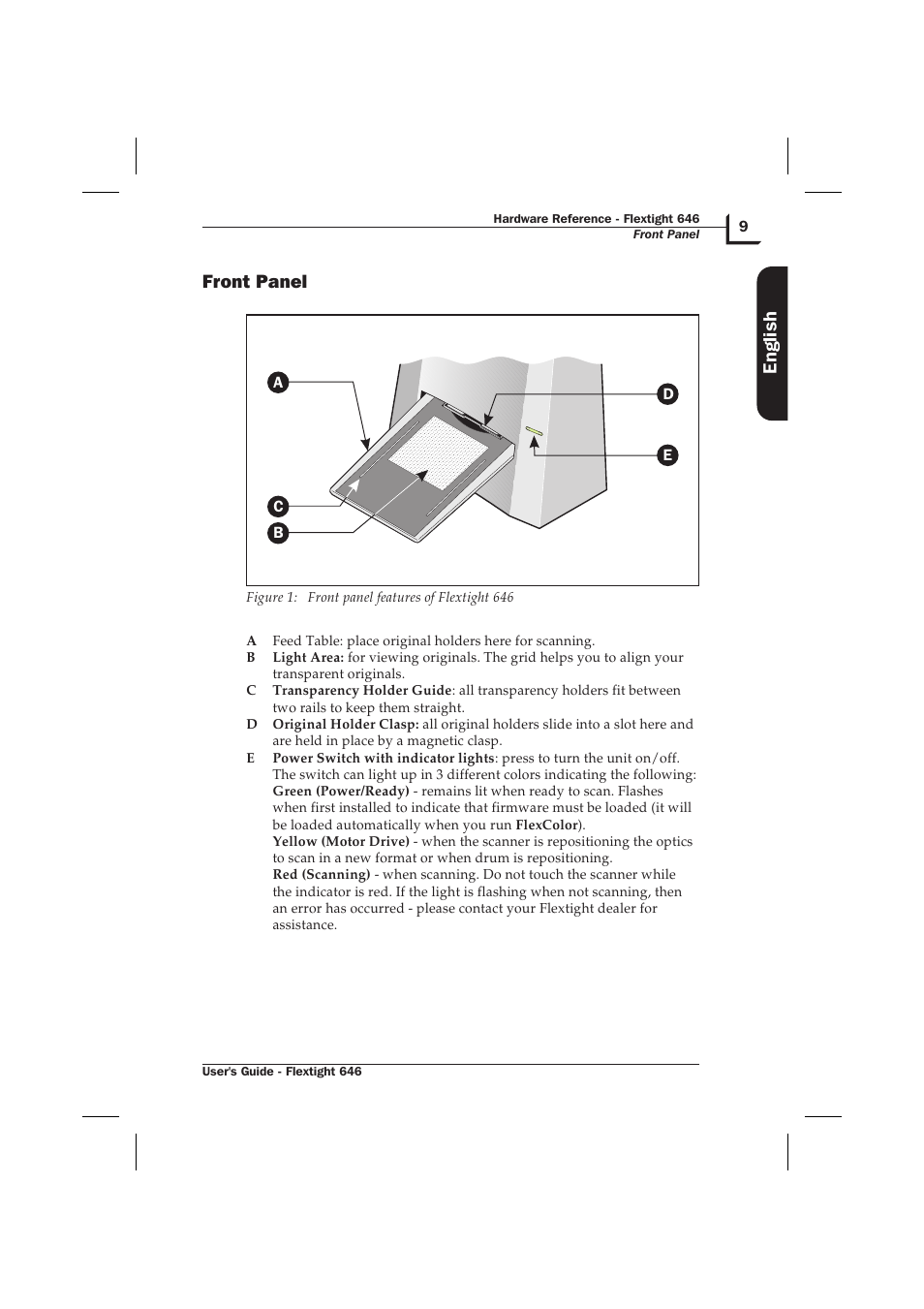Front panel 9, Front panel, English | Hasselblad Flextight 646 User Manual | Page 9 / 30