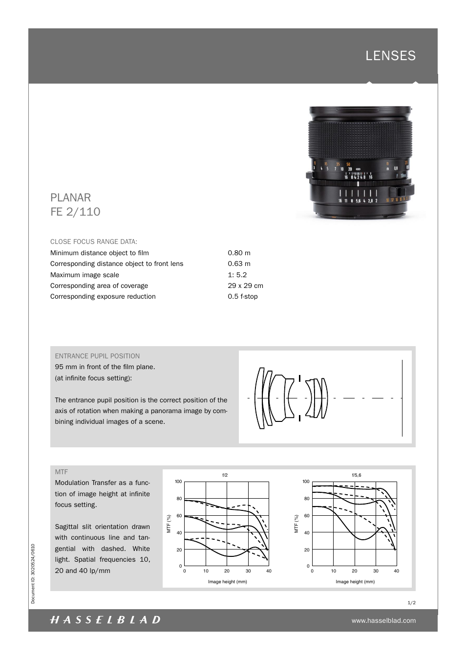 Hasselblad Planar FE 2/110 User Manual | 2 pages