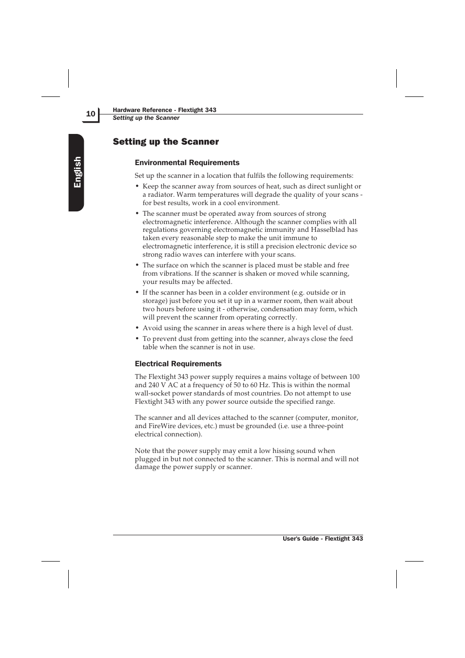 Setting up the scanner 10, Environmental requirements 10, Electrical requirements 10 | Setting up the scanner, English | Hasselblad Flextight 343 User Manual | Page 10 / 22