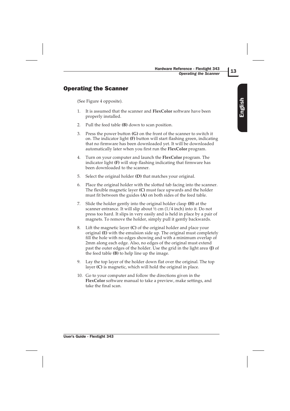 Operating the scanner 13, Operating the scanner, English | Hasselblad Flextight 343 User Manual | Page 13 / 22
