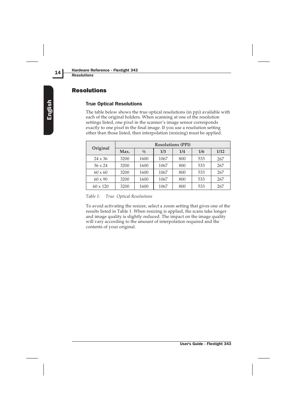 Resolutions 14, True optical resolutions 14, Resolutions | English | Hasselblad Flextight 343 User Manual | Page 14 / 22