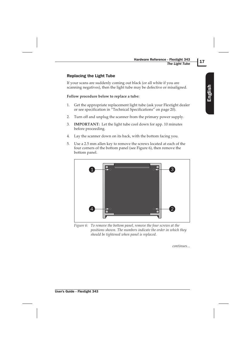 Replacing the light tube 17, English | Hasselblad Flextight 343 User Manual | Page 17 / 22