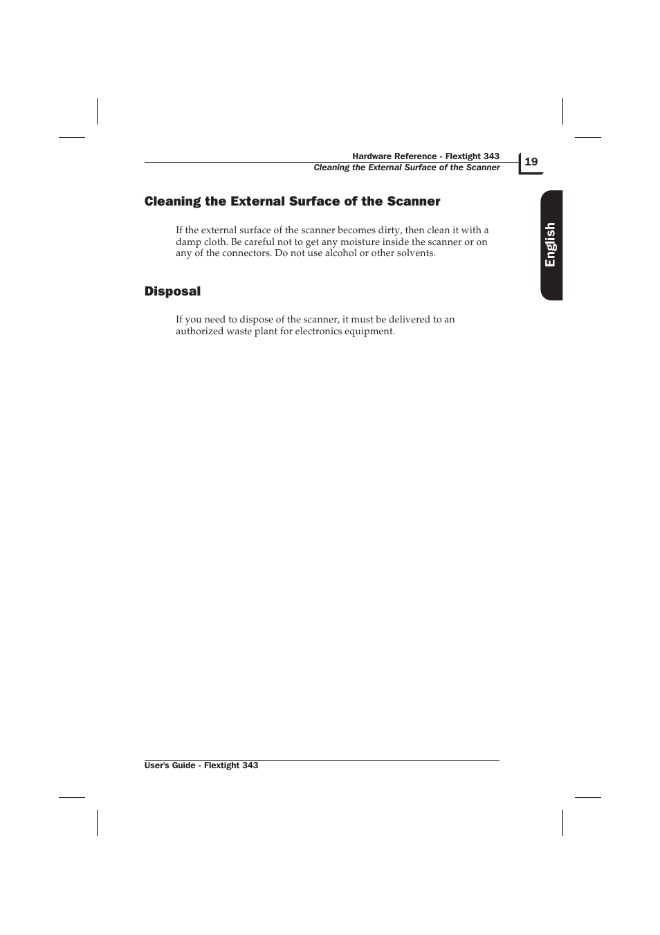 Cleaning the external surface of the scanner 19, Disposal 19, Cleaning the external surface of the scanner | Disposal, English | Hasselblad Flextight 343 User Manual | Page 19 / 22