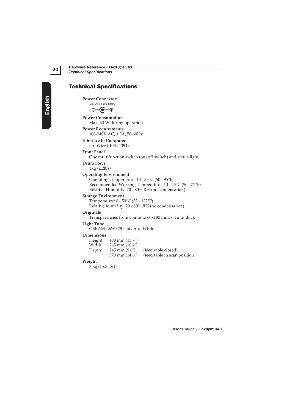 Technical specifications 20, Technical specifications, English | Hasselblad Flextight 343 User Manual | Page 20 / 22