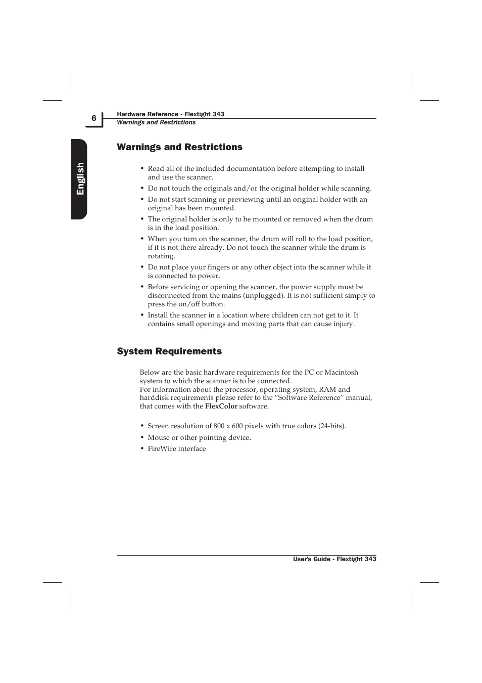 Warnings and restrictions 6, System requirements 6, Warnings and restrictions | System requirements, English | Hasselblad Flextight 343 User Manual | Page 6 / 22