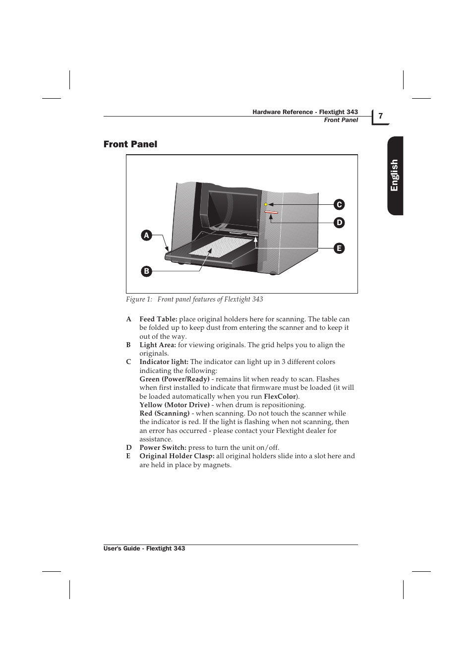 Front panel 7, Front panel, English | Hasselblad Flextight 343 User Manual | Page 7 / 22