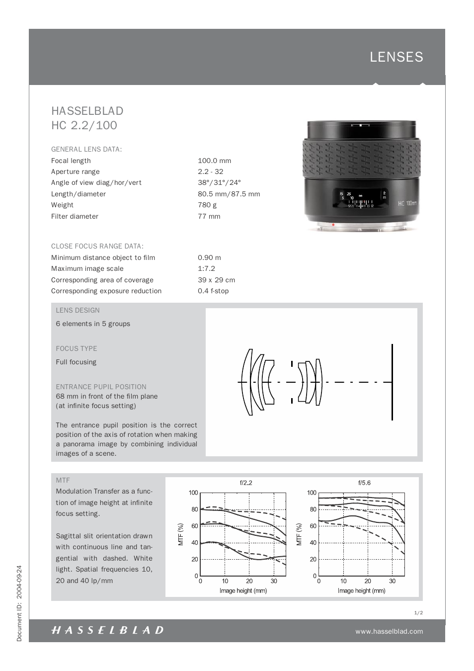 Hasselblad HC 2.2/100 User Manual | 2 pages