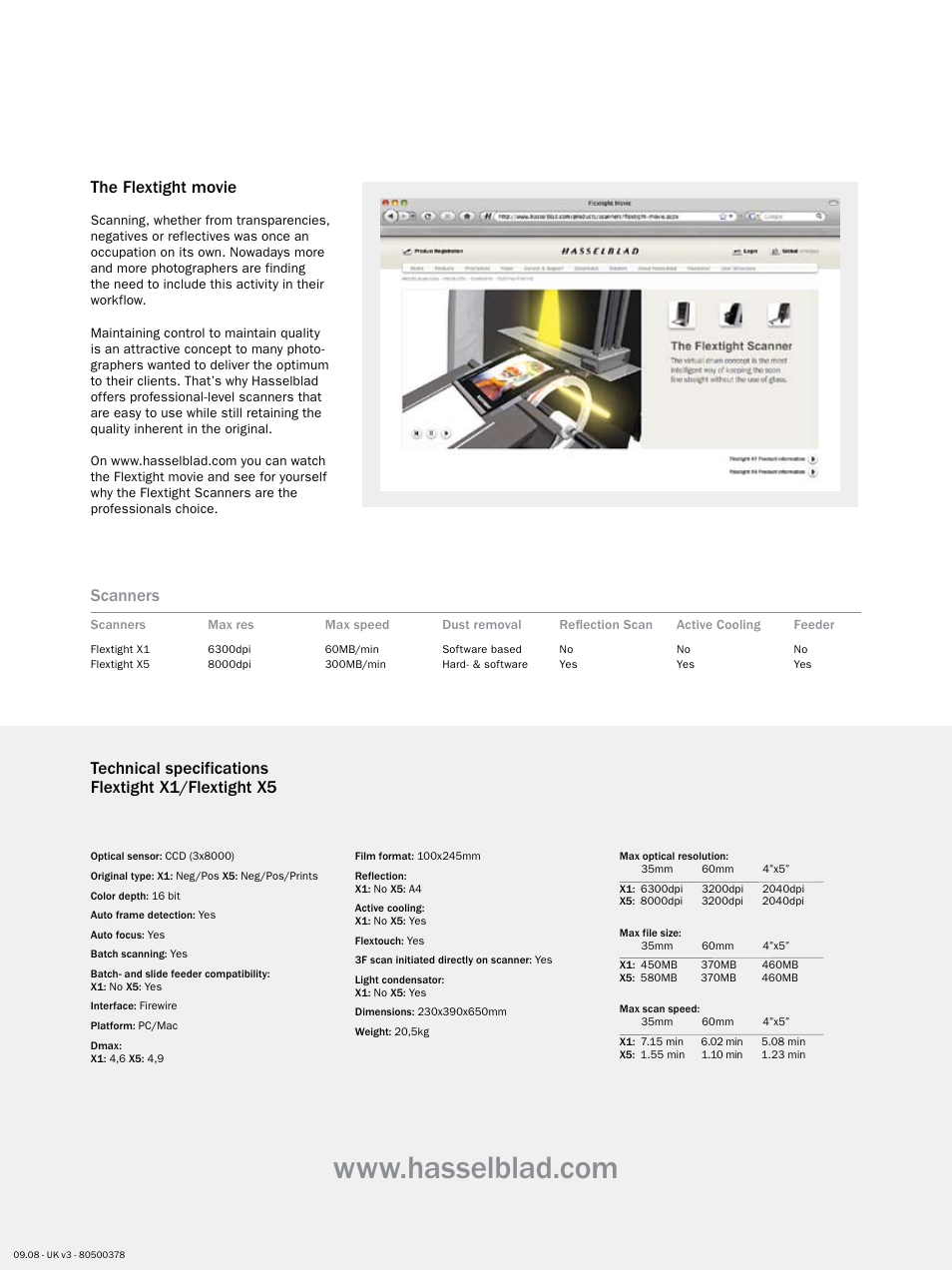 Technical specifications flextight x1/flextight x5, Scanners, The flextight movie | Hasselblad Flextight X1 User Manual | Page 4 / 4