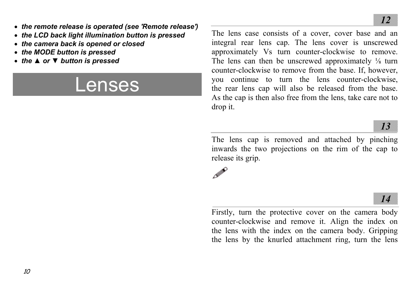 Lenses, Lens case ░12, Lens cap ░13 | Attaching lenses ░14 | Hasselblad XPan II User Manual | Page 10 / 40