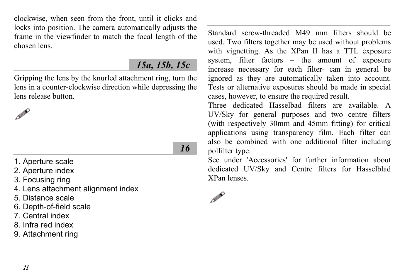 Removing lenses ░15a, 15b, 15c, Lens components ░16, Filters | Hasselblad XPan II User Manual | Page 11 / 40