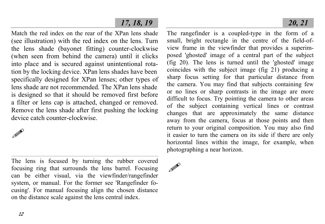 Lens shade ░17, 18, 19, Focusing, Rangefinder focusing ░20, 21 | Hasselblad XPan II User Manual | Page 12 / 40