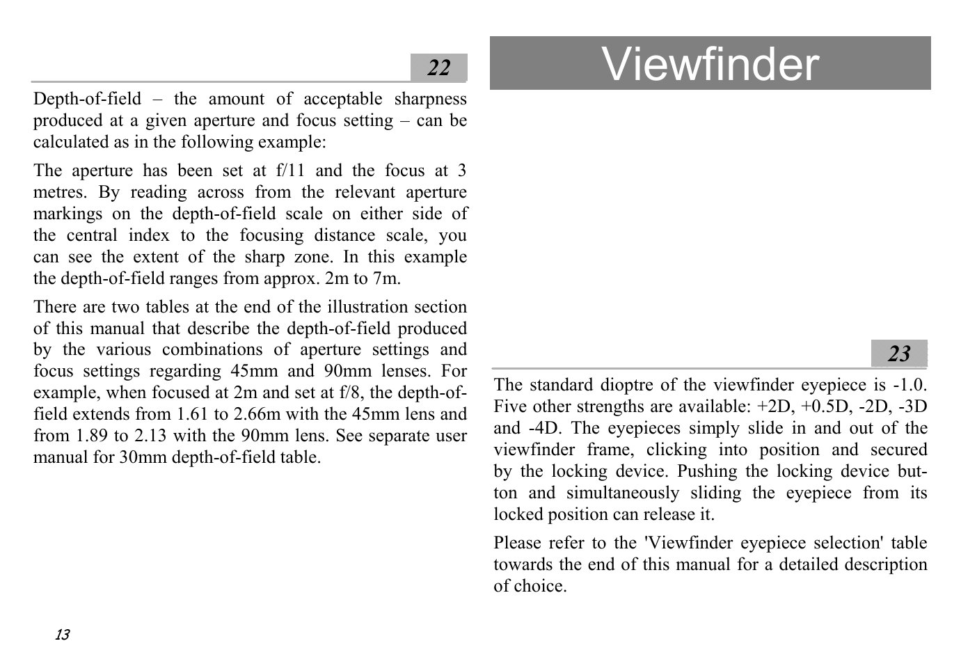 Depth-of-field ░22, Viewfinder, Changing the viewfinder eyepiece ░23 | Hasselblad XPan II User Manual | Page 13 / 40