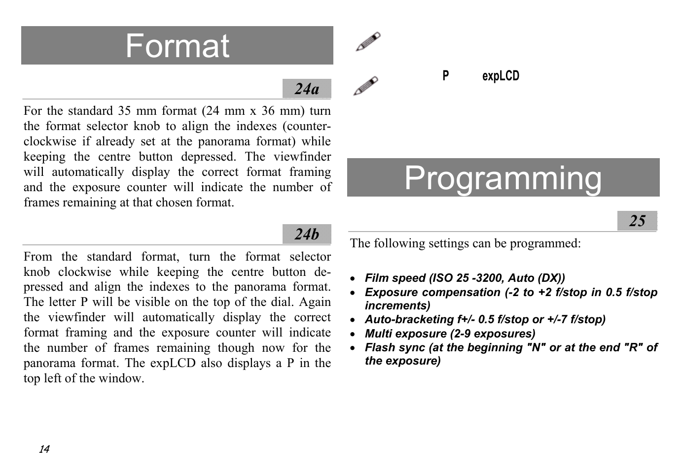 Format, Standard ░24a, Panorama ░24b | Programming, Programming of camera settings ░25 | Hasselblad XPan II User Manual | Page 14 / 40