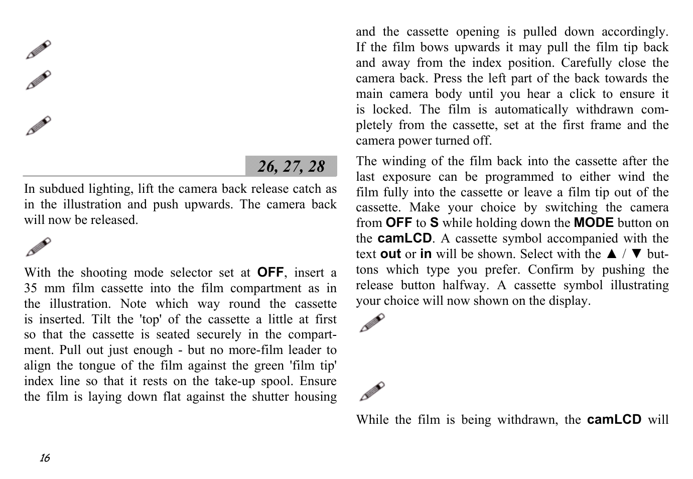 Film loading ░26, 27, 28 | Hasselblad XPan II User Manual | Page 16 / 40