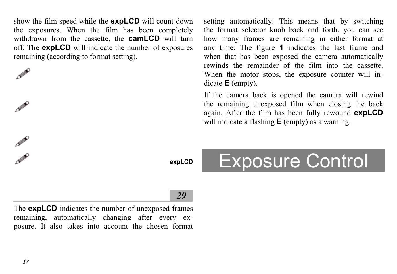Exposure counter ░29, Exposure control | Hasselblad XPan II User Manual | Page 17 / 40