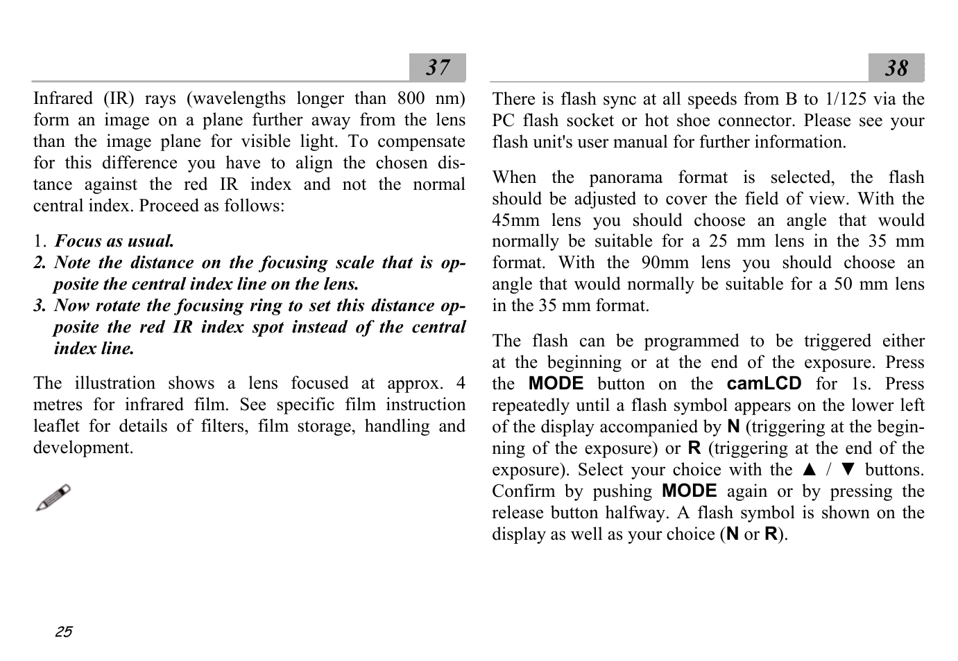 Infrared photography ░37, Flash ░38, Infrared photography ░ 37 | Flash ░ 38 | Hasselblad XPan II User Manual | Page 25 / 40