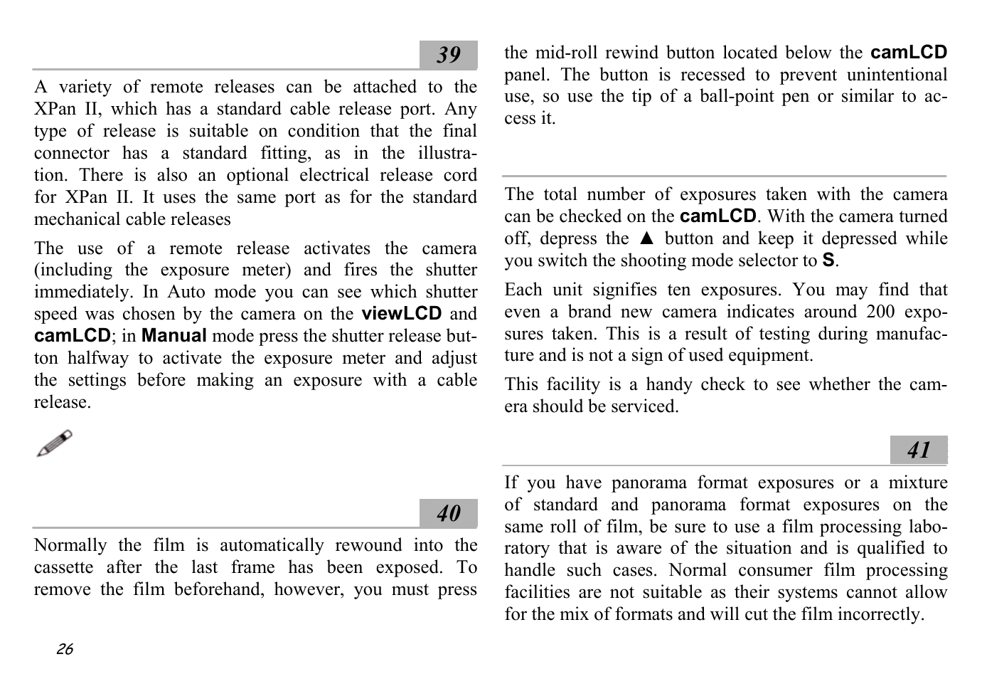 Remote release ░39, Mid-roll rewind ░40, Exposure history | Film processing ░41 | Hasselblad XPan II User Manual | Page 26 / 40