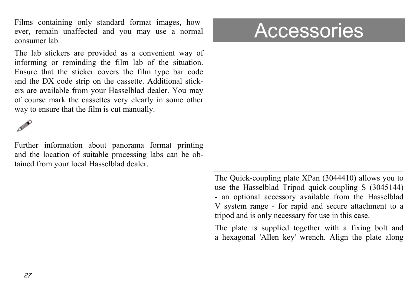 Accessories, Quick-coupling plate | Hasselblad XPan II User Manual | Page 27 / 40