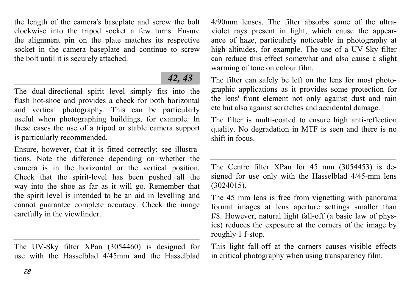 Spirit level ░42, 43, Uv-sky filter, Centre filter xpan for 45mm | Hasselblad XPan II User Manual | Page 28 / 40