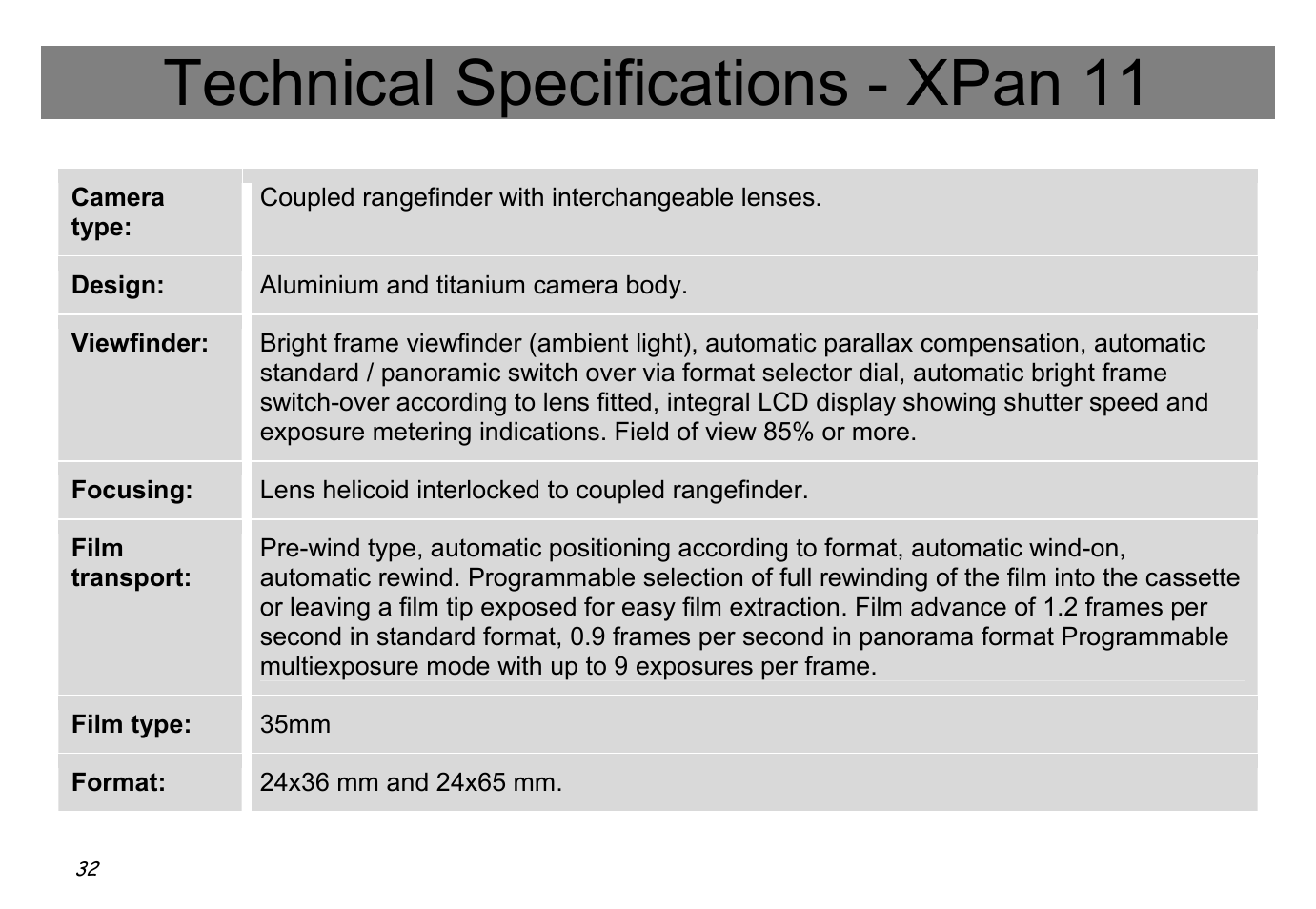 Technical specifications - xpan 11 | Hasselblad XPan II User Manual | Page 32 / 40