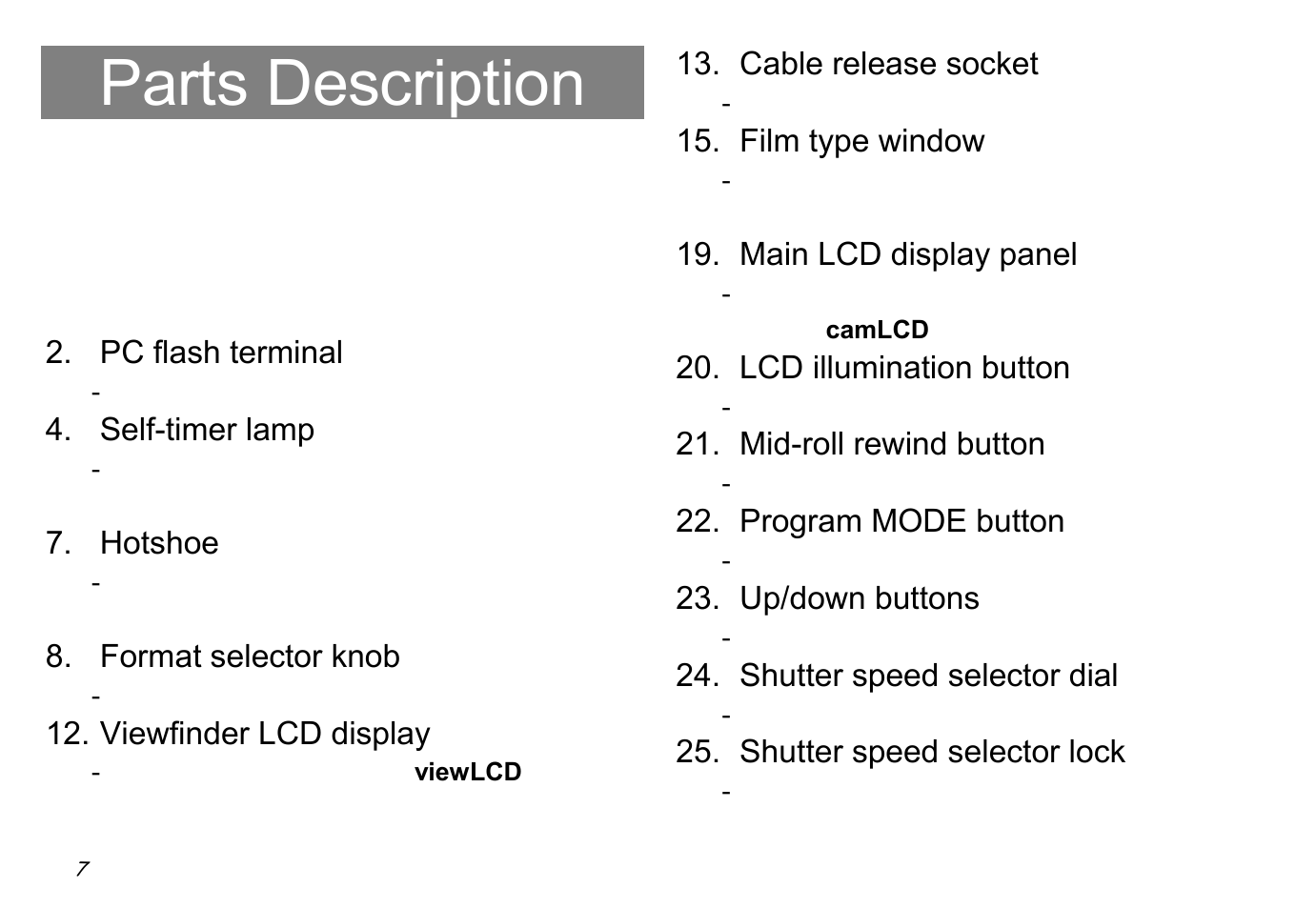 Parts description | Hasselblad XPan II User Manual | Page 7 / 40