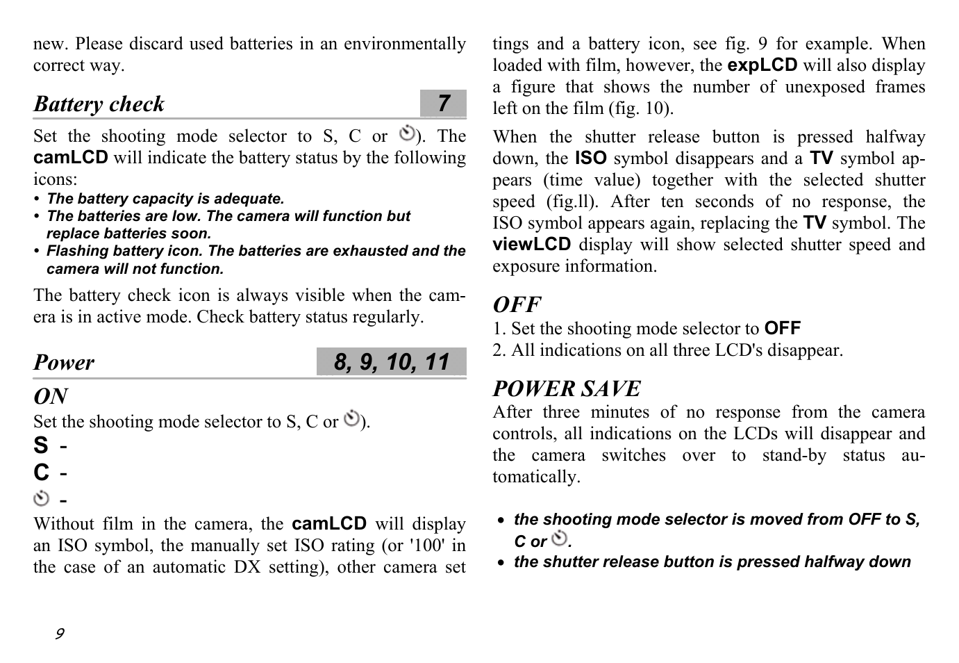 Battery check ░7, Power ░8, 9, 10, 11, Power save | Hasselblad XPan II User Manual | Page 9 / 40