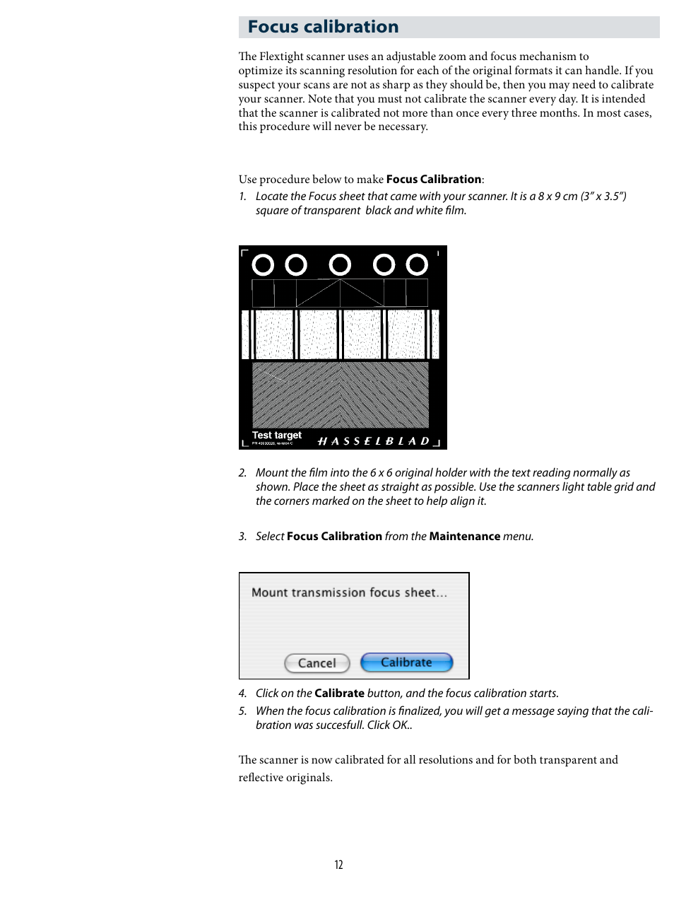 Focus calibration | Hasselblad X1 User Manual | Page 12 / 20