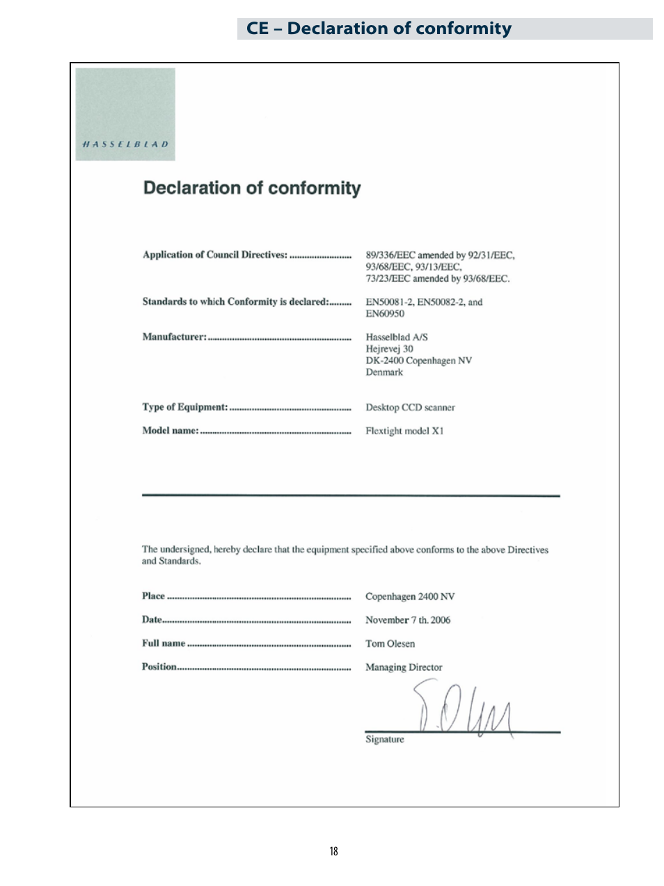 Ce – declaration of conformity | Hasselblad X1 User Manual | Page 18 / 20