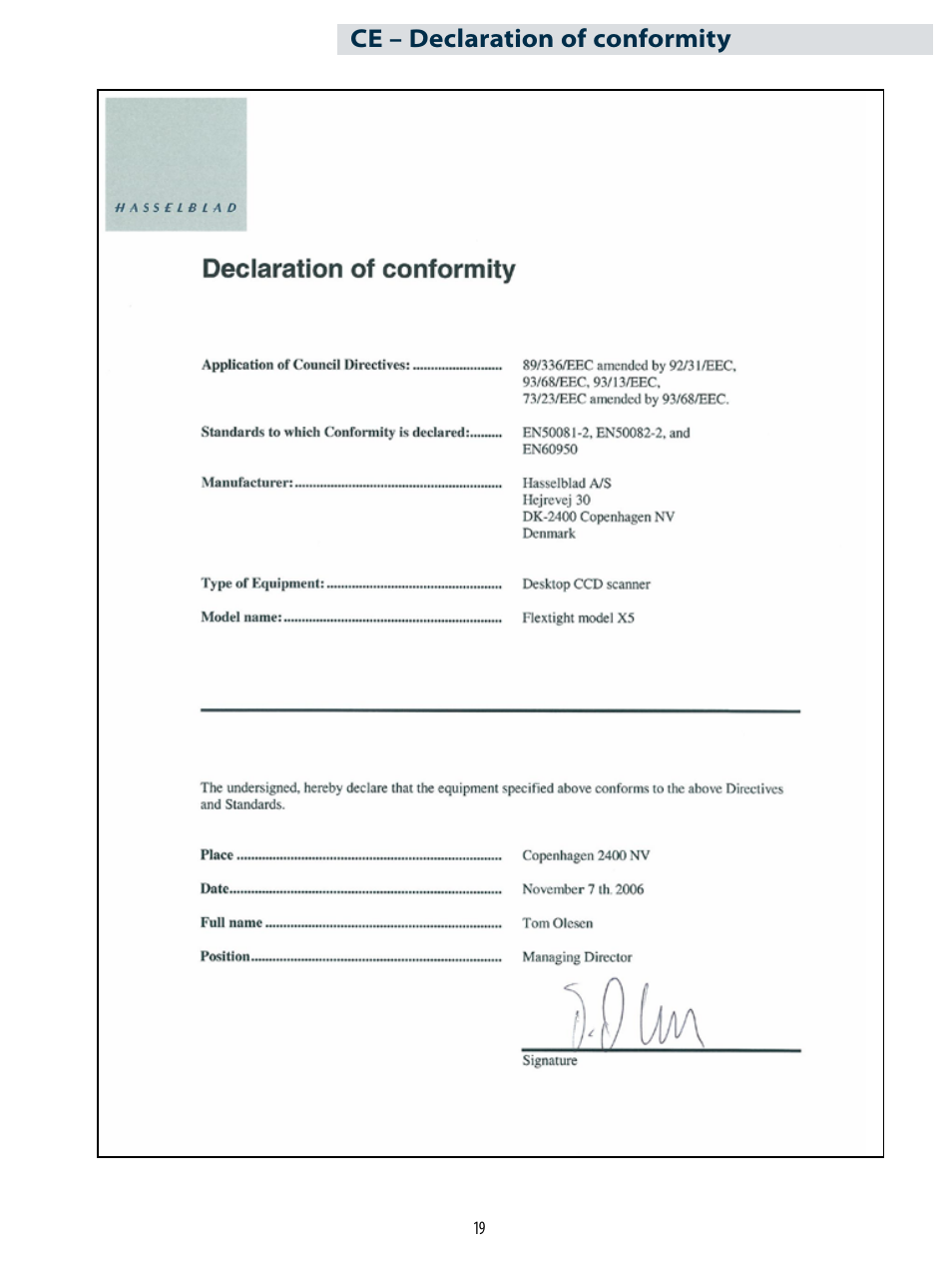 Ce – declaration of conformity | Hasselblad X1 User Manual | Page 19 / 20