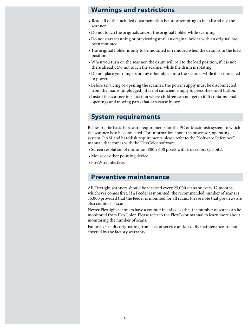 Warnings and restrictions, System requirements, Preventive maintenance | Hasselblad X1 User Manual | Page 4 / 20
