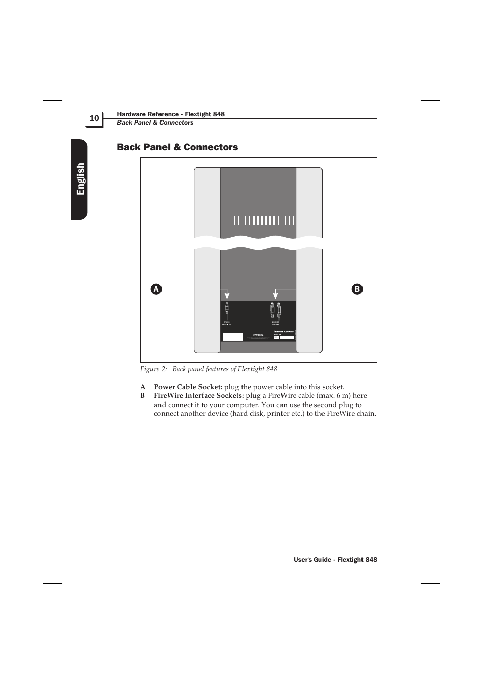 Back panel & connectors 10, Back panel & connectors, English | Hasselblad Flextight 848 User Manual | Page 10 / 30