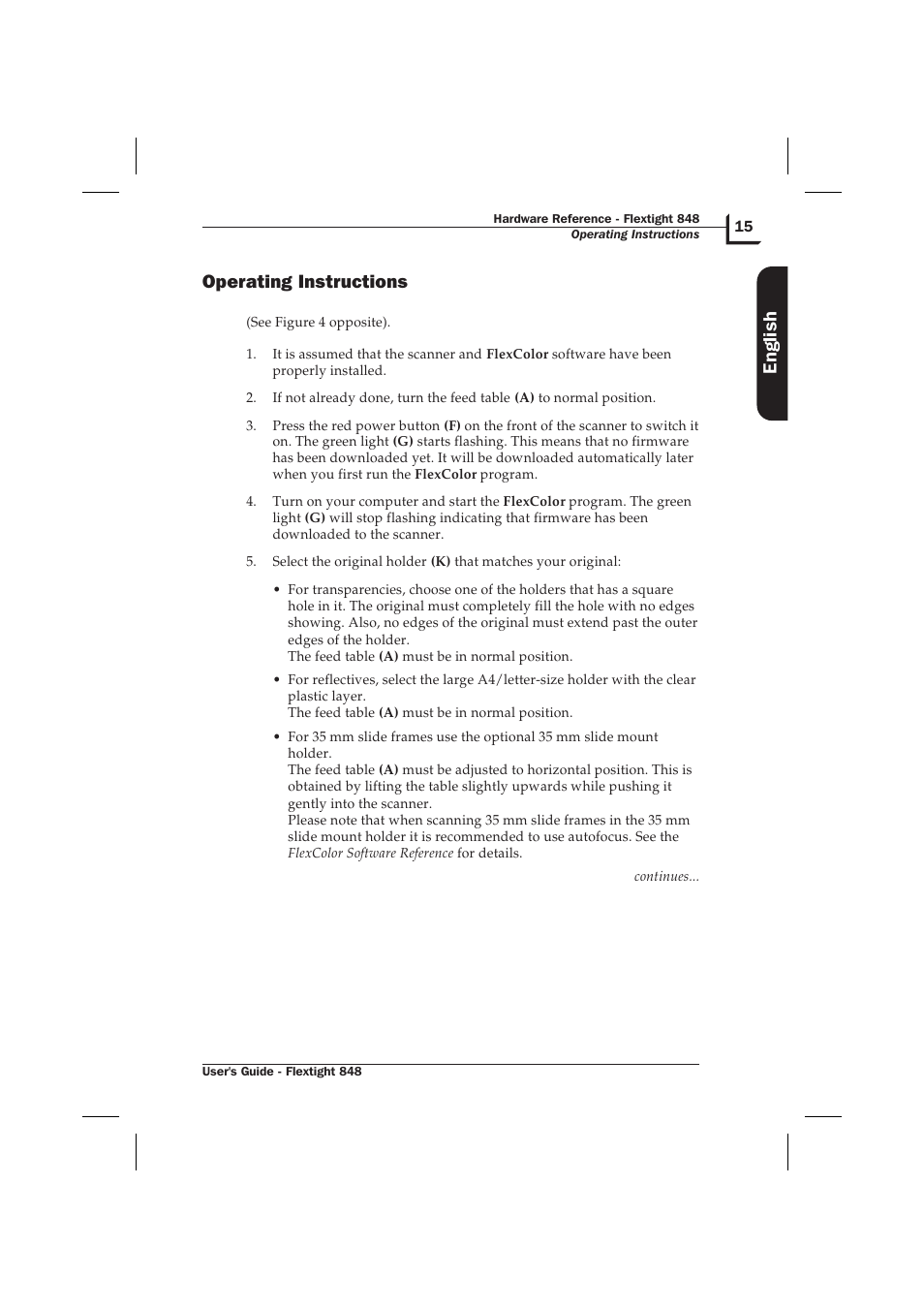 Operating instructions 15, Operating instructions, English | Hasselblad Flextight 848 User Manual | Page 15 / 30