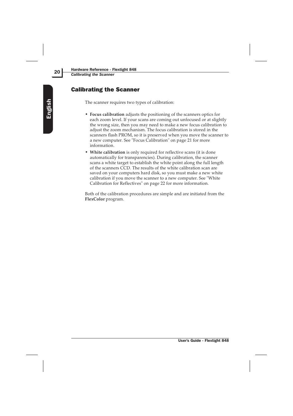 Calibrating the scanner 20, Calibrating the scanner, English | Hasselblad Flextight 848 User Manual | Page 20 / 30