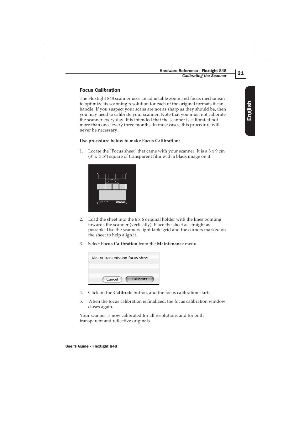 Focus calibration 21, English | Hasselblad Flextight 848 User Manual | Page 21 / 30