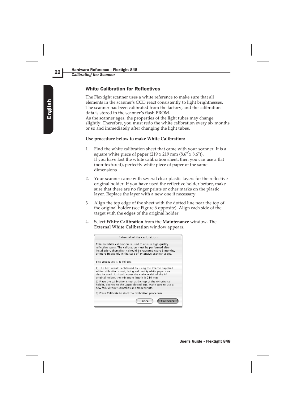 White calibration for reflectives 22, English | Hasselblad Flextight 848 User Manual | Page 22 / 30