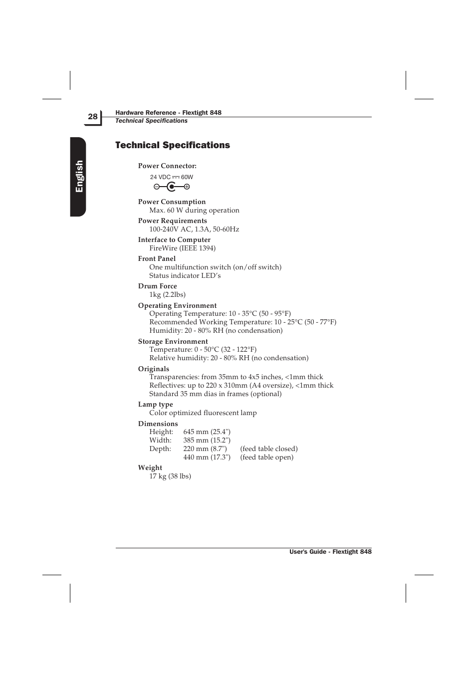 Technical specifications 28, Technical specifications, English | Hasselblad Flextight 848 User Manual | Page 28 / 30