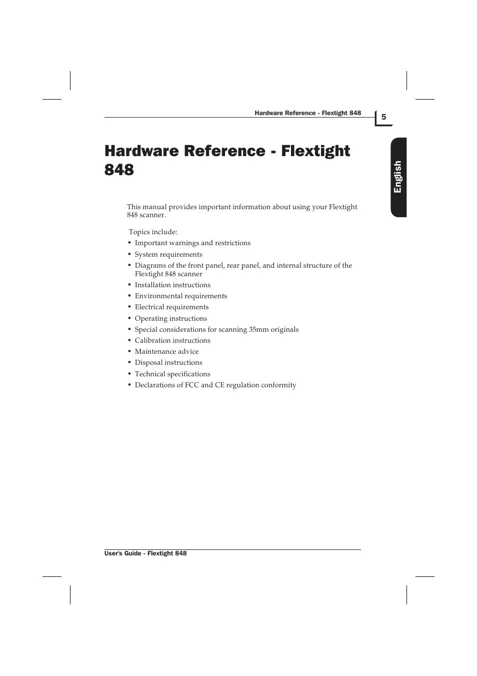 Hardware reference - flextight 848 5, Hardware reference - flextight 848, English | Hasselblad Flextight 848 User Manual | Page 5 / 30