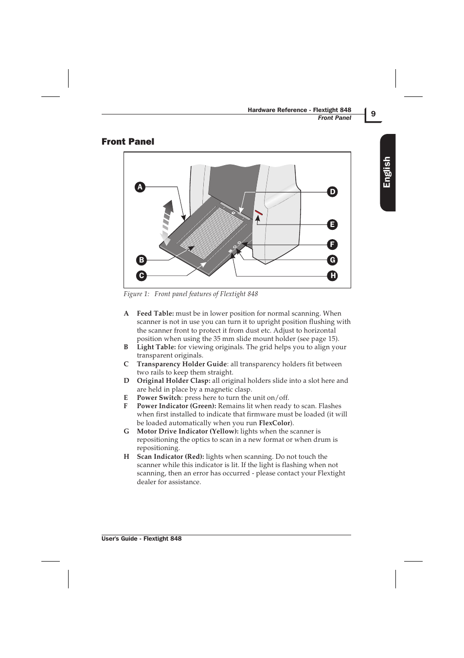 Front panel 9, Front panel, English | Hasselblad Flextight 848 User Manual | Page 9 / 30