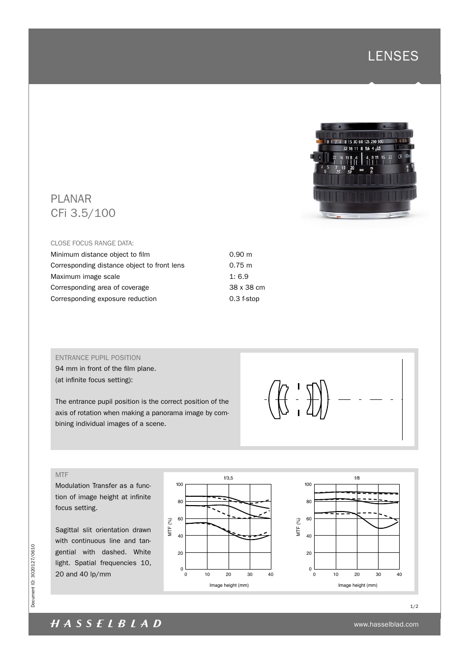 Hasselblad Planar CFi 3.5/100 User Manual | 2 pages