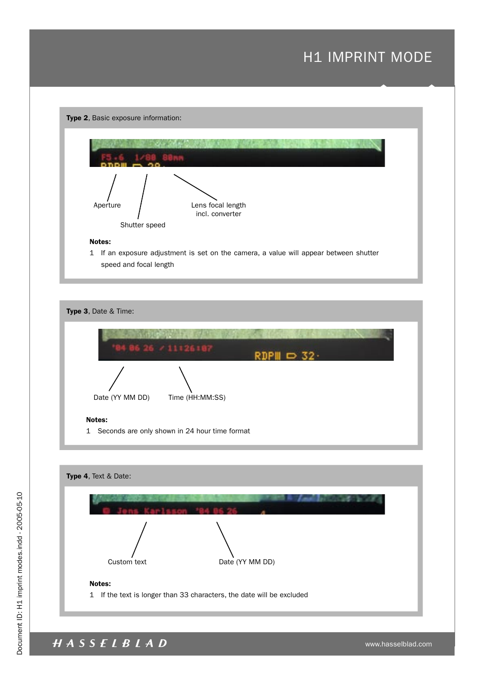 H1 imprint mode | Hasselblad H1 User Manual | Page 2 / 7