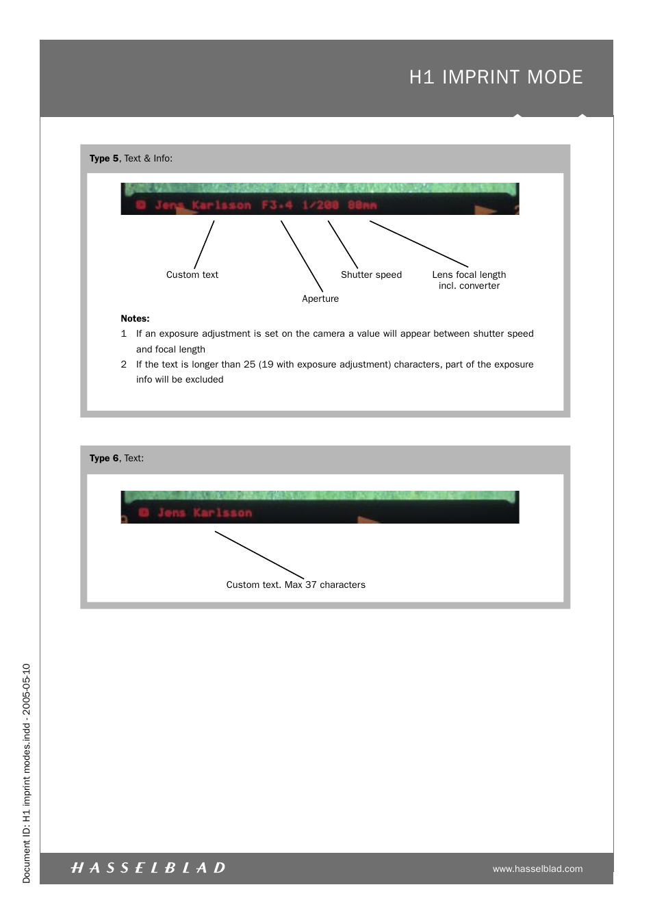 H1 imprint mode | Hasselblad H1 User Manual | Page 3 / 7