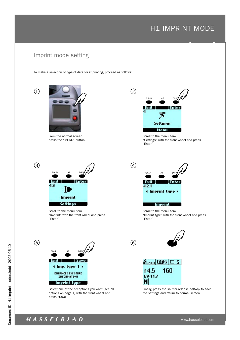 H1 imprint mode, Imprint mode setting | Hasselblad H1 User Manual | Page 4 / 7