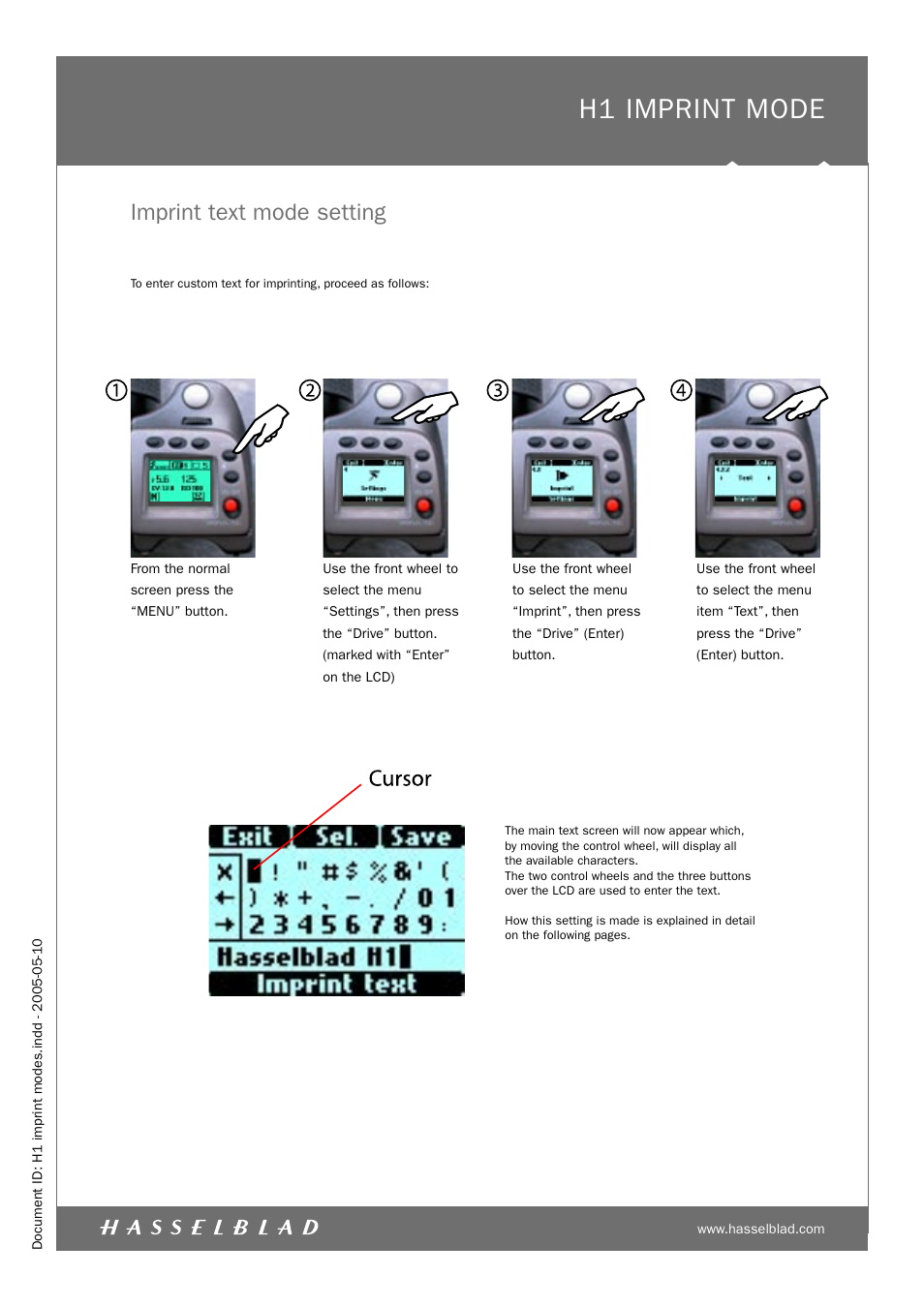H1 imprint mode, Imprint text mode setting | Hasselblad H1 User Manual | Page 5 / 7