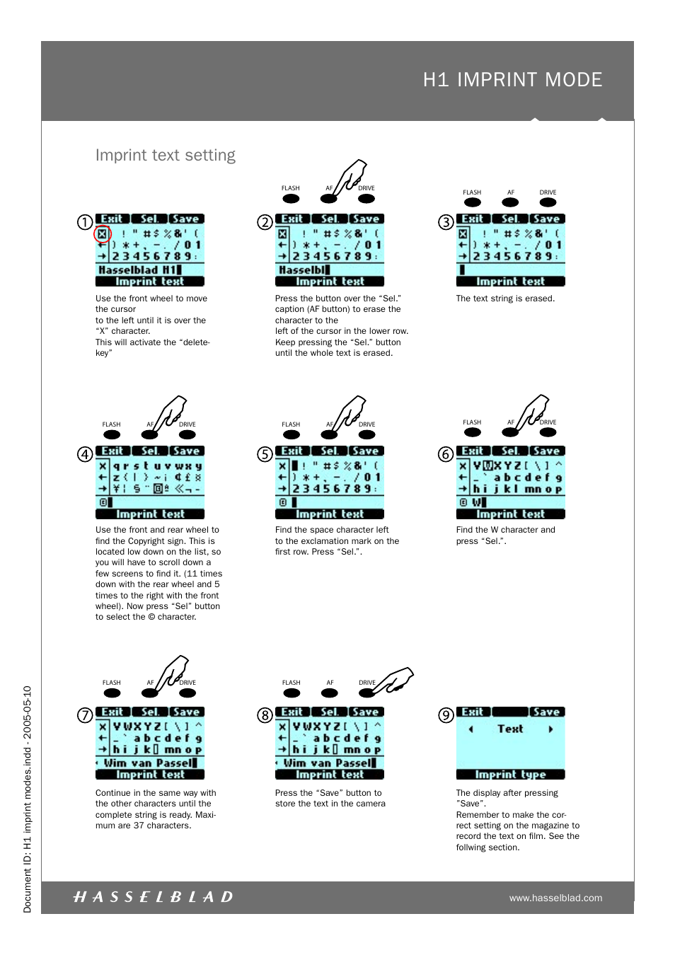 H1 imprint mode, Imprint text setting | Hasselblad H1 User Manual | Page 6 / 7