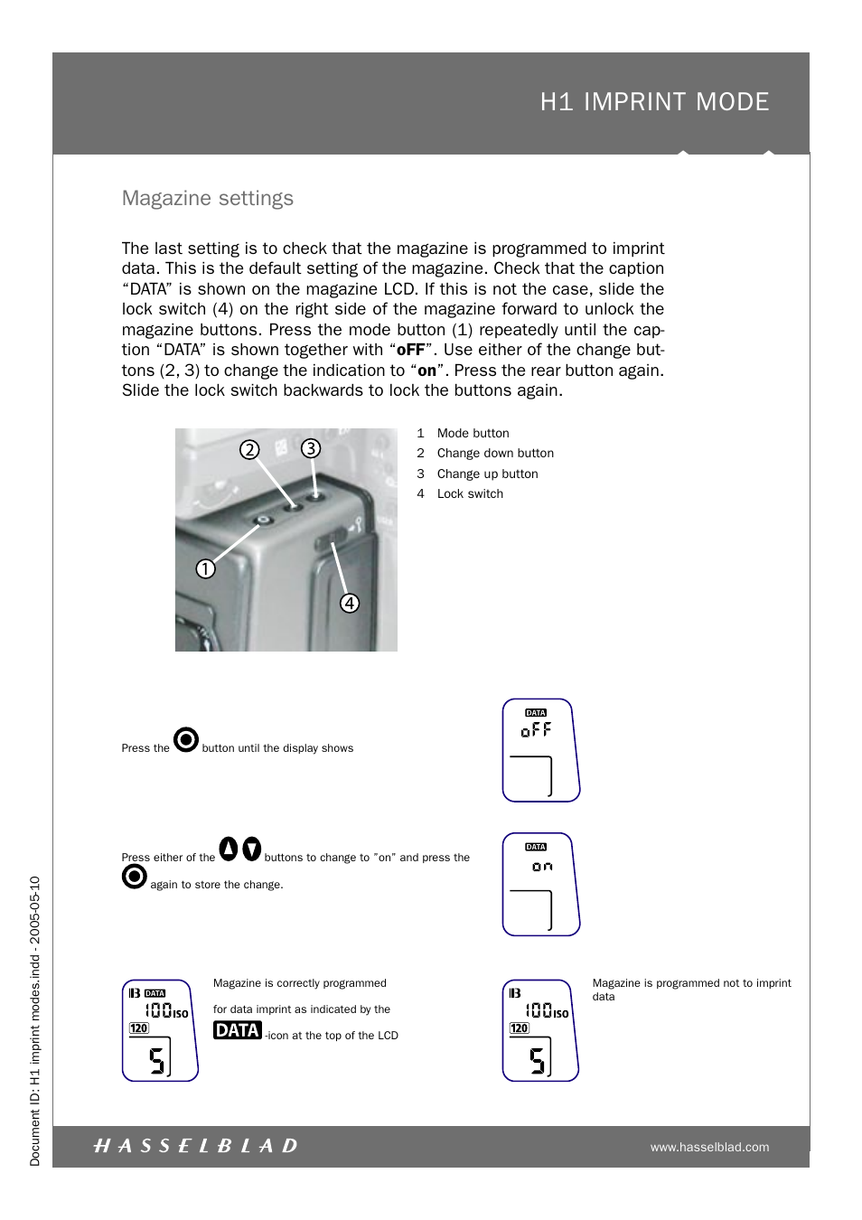 H1 imprint mode, Magazine settings | Hasselblad H1 User Manual | Page 7 / 7