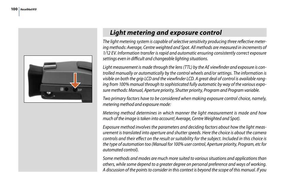Light metering and exposure control | Hasselblad H1D User Manual | Page 100 / 184