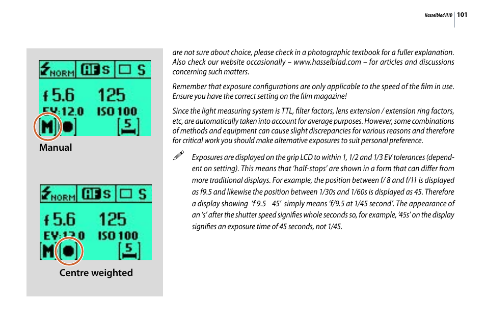 Manual centre weighted | Hasselblad H1D User Manual | Page 101 / 184