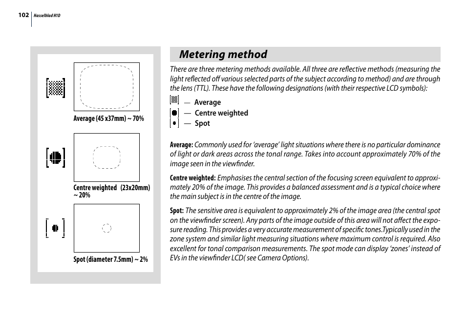 Metering method | Hasselblad H1D User Manual | Page 102 / 184