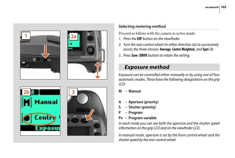12a 2b 3, Exposure method | Hasselblad H1D User Manual | Page 103 / 184