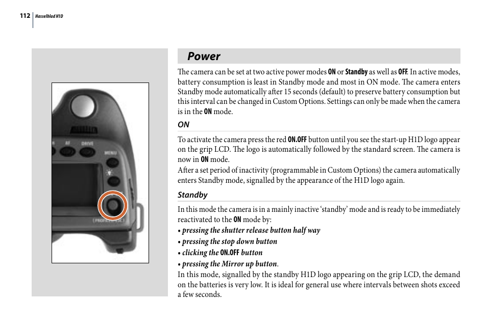 Power | Hasselblad H1D User Manual | Page 112 / 184